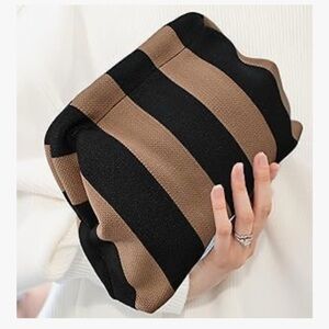 Chic Black & Camel Striped Knit Clutch | Soft Pouch Bag | Minimal Luxe